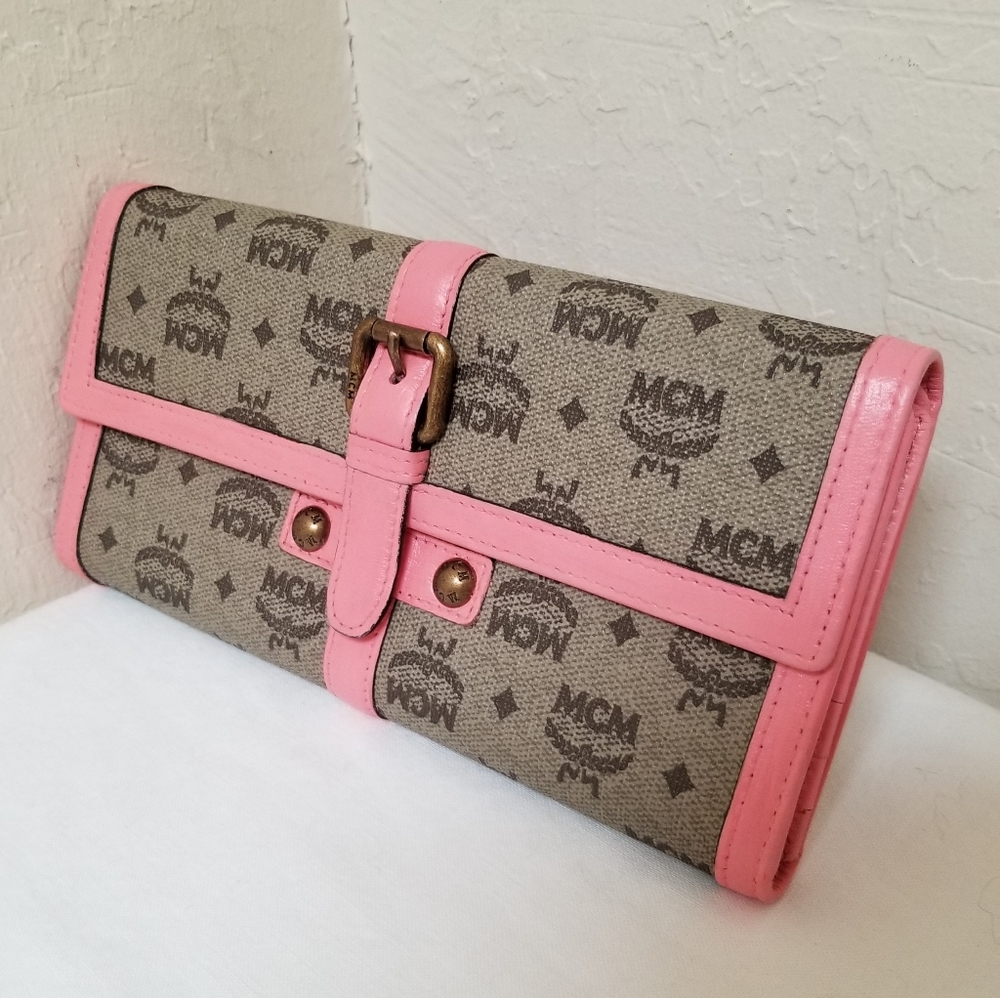 MCM Monogram Tan/Pink Long Wallet authentic